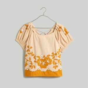 Madewell Embroidered Lace Up Back Top Puff Sleeves Orange Peach Floral SzS
